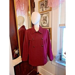 LL Bean Women's Pea Coat Size M Burgandy Double Breasted Swing Wool Blend VTG